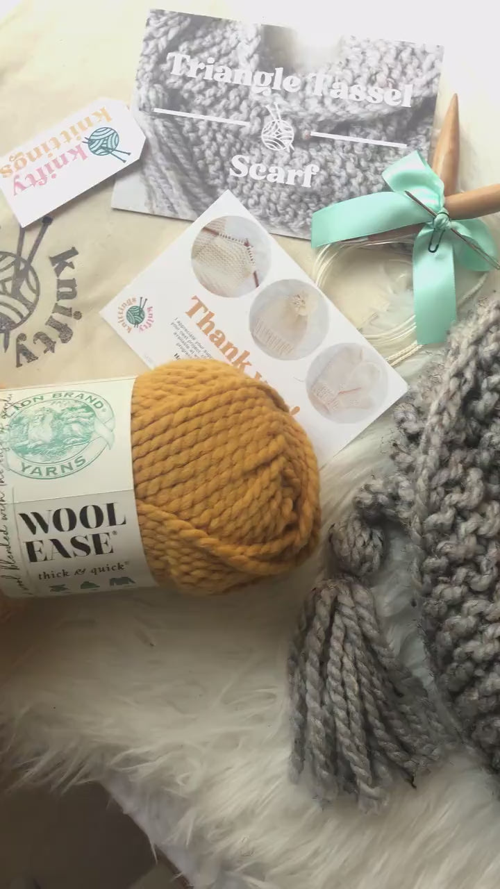 Scarf Knitting Kit | Triangle Tassel Scarf Kit | Easy Knitting Kit with Video Tutorial | DIY Knitting Kit Gift Idea | Beginner Knitting kit